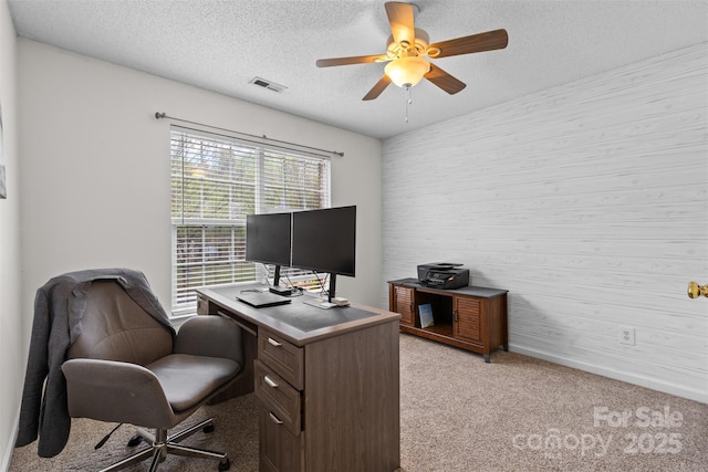 512 Red Oak Ct, Tega Cay, SC 29708 - office featuring a ceiling fan, light carpet, a textured ceiling, baseboards, and visible vents