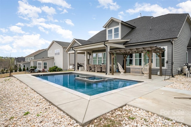 2332 Paddlers Cove Dr, Lake Wylie, SC 29710 - rear view of house featuring a pergola, outdoor lounge area, roof with shingles, a patio, and fence