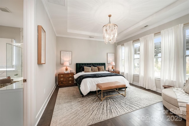 2332 Paddlers Cove Dr, Lake Wylie, SC 29710 - bedroom featuring multiple windows, a raised ceiling, a chandelier, and dark wood-style floors
