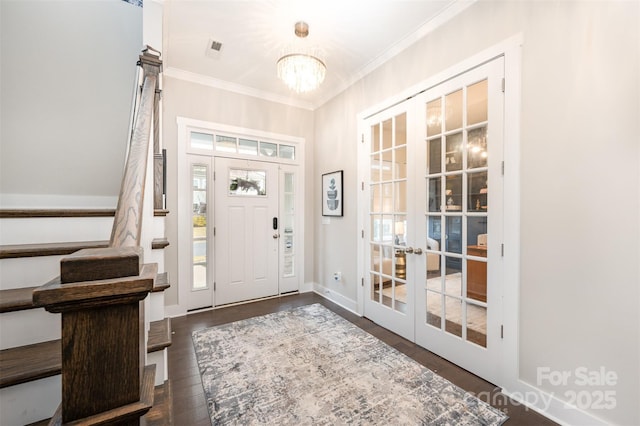 2332 Paddlers Cove Dr, Lake Wylie, SC 29710 - entryway featuring visible vents, an inviting chandelier, ornamental molding, stairs, and french doors