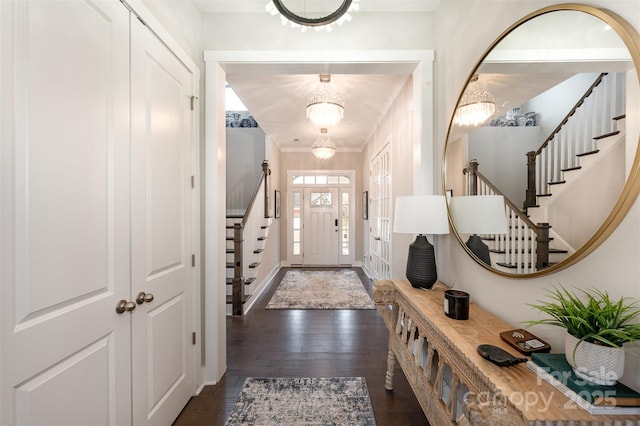 2332 Paddlers Cove Dr, Lake Wylie, SC 29710 - entrance foyer with stairway, dark wood-style flooring, baseboards, and ornamental molding