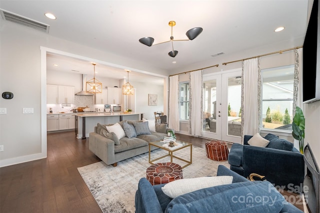 2332 Paddlers Cove Dr, Lake Wylie, SC 29710 - living room featuring dark wood-style flooring, visible vents, recessed lighting, and french doors