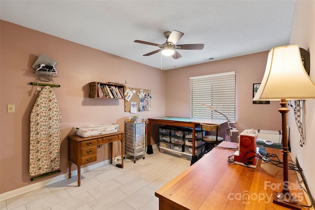 407 Sweeten Way, Asheville, NC 28803 - home office with baseboards, visible vents, a textured ceiling, and a ceiling fan