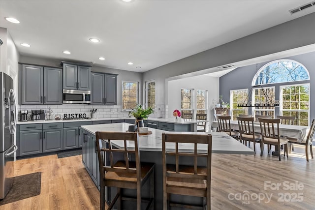 kitchen with visible vents, a wealth of natural light, stainless steel appliances, and gray cabinetry