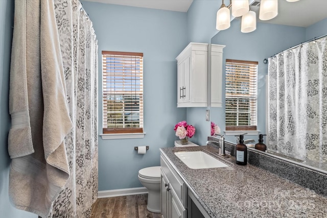 full bath featuring baseboards, wood finished floors, plenty of natural light, and toilet
