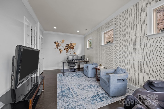 10904 Kilkenny Dr, Matthews, NC 28105 - office with an accent wall, wallpapered walls, crown molding, recessed lighting, and wood finished floors