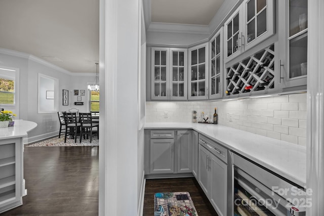 10904 Kilkenny Dr, Matthews, NC 28105 - bar with wine cooler, crown molding, dark wood-style floors, backsplash, and healthy amount of natural light