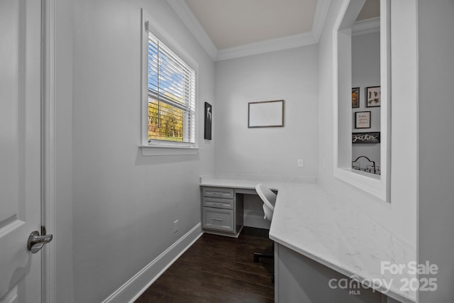 10904 Kilkenny Dr, Matthews, NC 28105 - unfurnished office with built in study area, crown molding, and dark wood finished floors