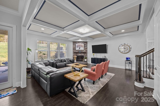 10904 Kilkenny Dr, Matthews, NC 28105 - living area with wood finished floors, a fireplace, stairway, healthy amount of natural light, and beam ceiling