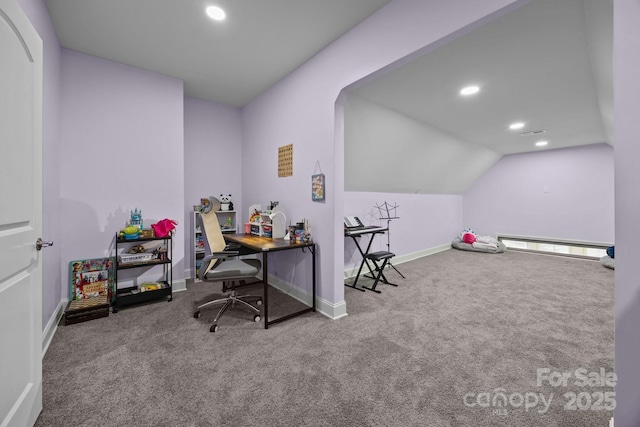 10904 Kilkenny Dr, Matthews, NC 28105 - carpeted office with a baseboard radiator, lofted ceiling, and recessed lighting