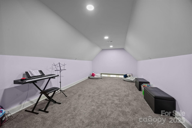 10904 Kilkenny Dr, Matthews, NC 28105 - rec room featuring lofted ceiling, carpet flooring, and recessed lighting