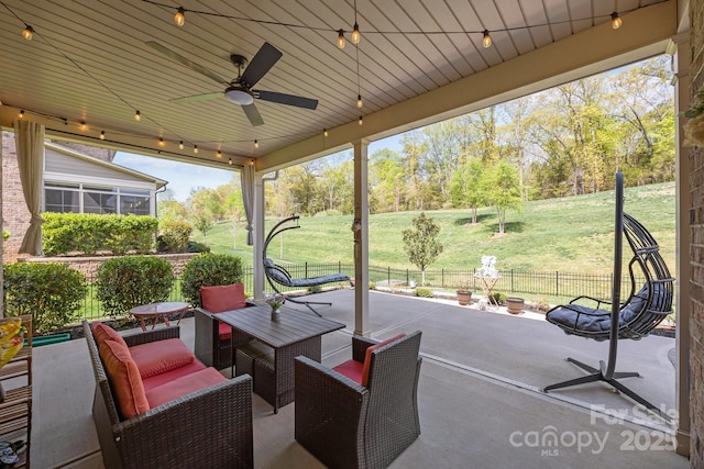 10904 Kilkenny Dr, Matthews, NC 28105 - view of patio / terrace with a ceiling fan, outdoor dining area, and view of wooded area