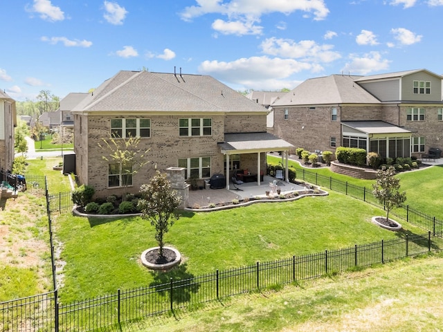 10904 Kilkenny Dr, Matthews, NC 28105 - back of house featuring a patio, brick siding, and a fenced backyard