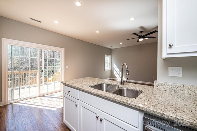1314 39th Street Cir SW, Hickory, NC 28602 - kitchen with white cabinetry, a sink, light stone counters, visible vents, and dishwashing machine
