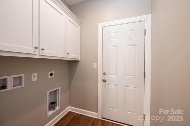 1314 39th Street Cir SW, Hickory, NC 28602 - laundry area featuring washer hookup, baseboards, dark wood-type flooring, hookup for an electric dryer, and cabinet space