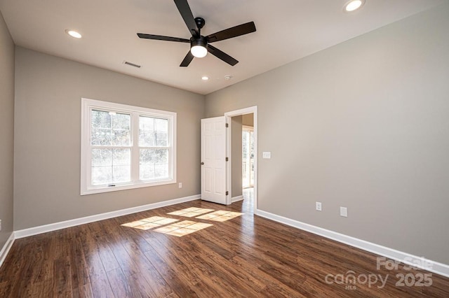 1314 39th Street Cir SW, Hickory, NC 28602 - empty room with wood finished floors, baseboards, visible vents, ceiling fan, and recessed lighting