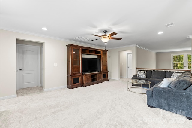 living area with light colored carpet, ceiling fan, ornamental molding, baseboards, and recessed lighting