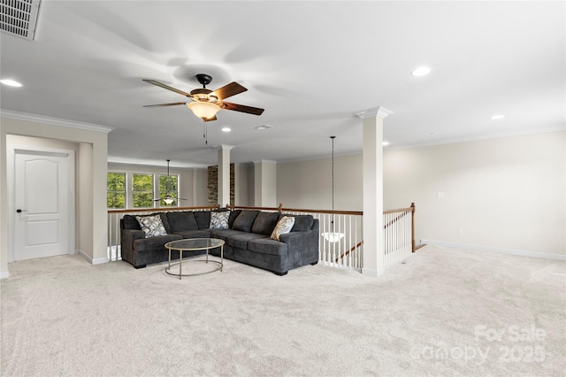 living area featuring crown molding, carpet floors, a ceiling fan, baseboards, and recessed lighting