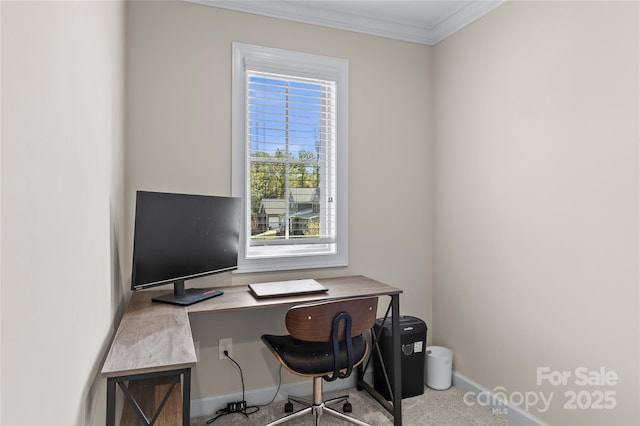office featuring ornamental molding and baseboards