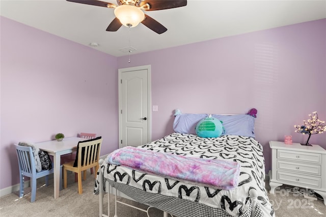 bedroom featuring carpet flooring and ceiling fan