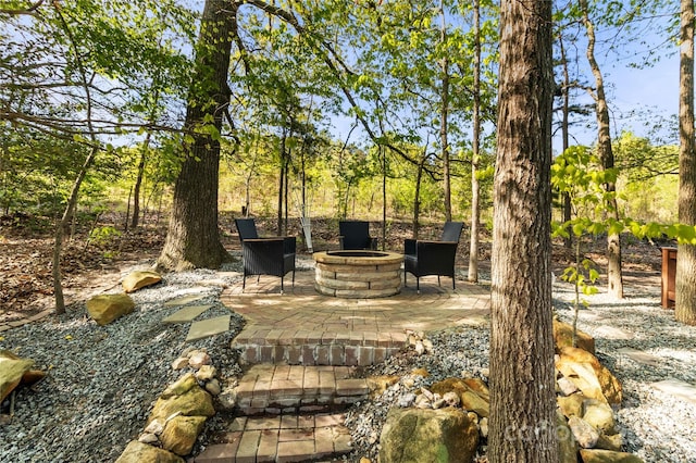 view of yard with a fire pit and a patio area