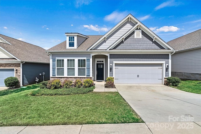 7850 Fountaingrass Ln, Sherrills Ford, NC 28673 - view of front facade with a front yard, stone siding, an attached garage, driveway, and a shingled roof