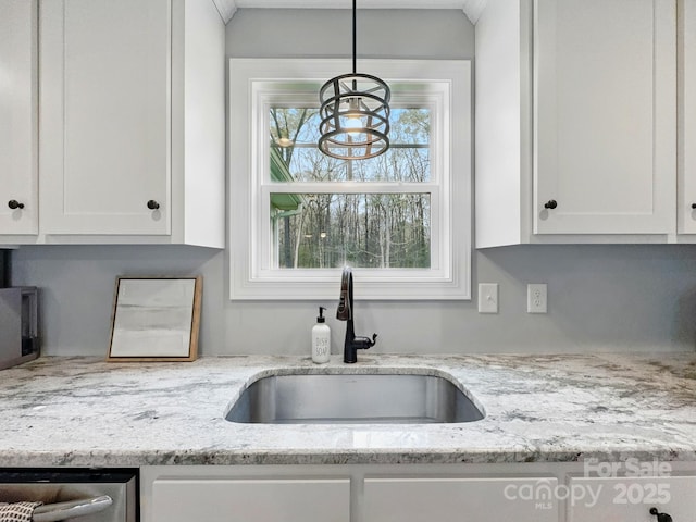 3018 Corinth Church Rd, Monroe, NC 28112 - kitchen with a sink, white cabinetry, dishwasher, light stone counters, and pendant lighting