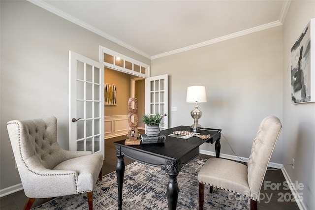 office space featuring baseboards and crown molding