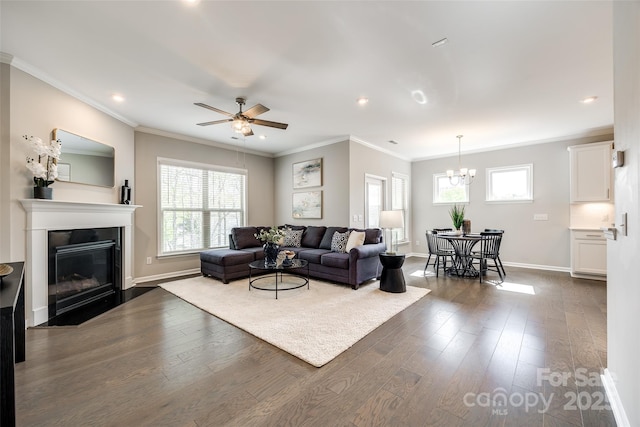 living area with ceiling fan with notable chandelier, dark wood-type flooring, and baseboards