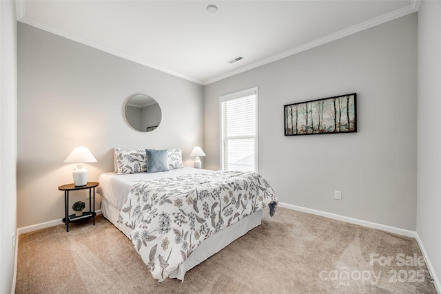 bedroom featuring light colored carpet, visible vents, crown molding, and baseboards