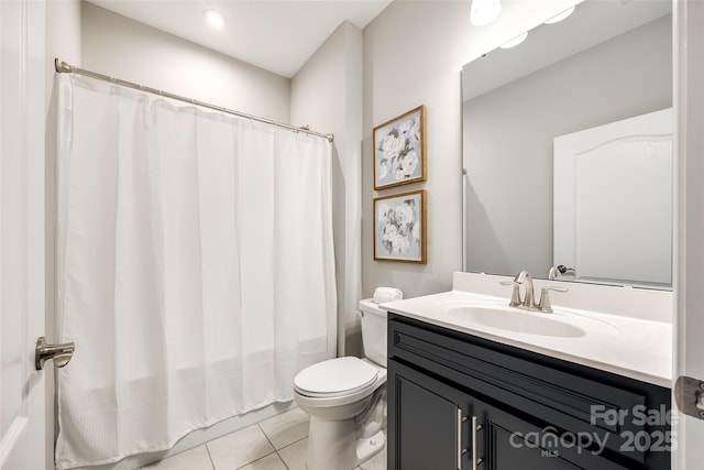 full bathroom with tile patterned floors, vanity, toilet, and a shower with shower curtain