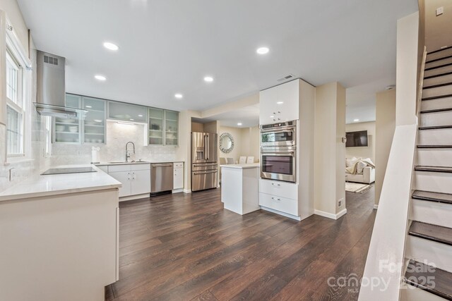 8308 Knights Bridge Rd, Charlotte, NC 28210 - kitchen featuring a sink, dark wood-style flooring, glass insert cabinets, wall chimney range hood, and appliances with stainless steel finishes