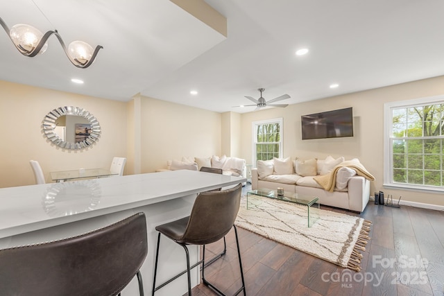 8308 Knights Bridge Rd, Charlotte, NC 28210 - interior space with recessed lighting, a ceiling fan, dark wood-style floors, and plenty of natural light