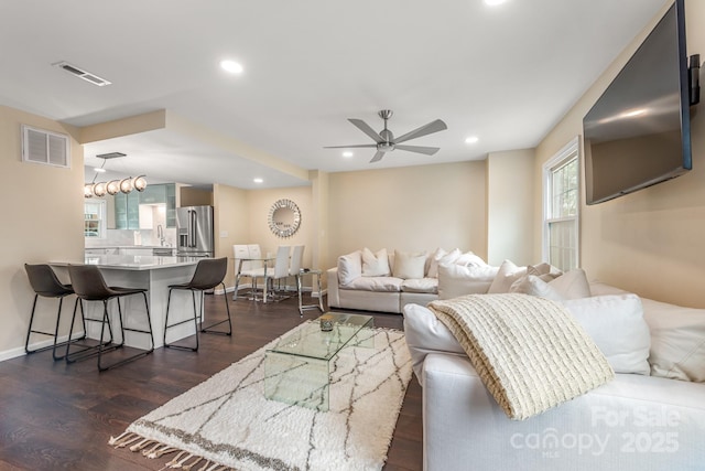 8308 Knights Bridge Rd, Charlotte, NC 28210 - living room with visible vents, recessed lighting, dark wood-style floors, and ceiling fan