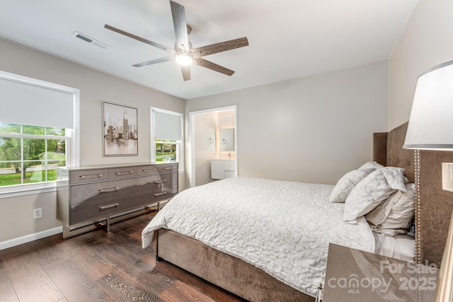 8308 Knights Bridge Rd, Charlotte, NC 28210 - bedroom featuring ceiling fan, baseboards, dark wood-style flooring, and visible vents