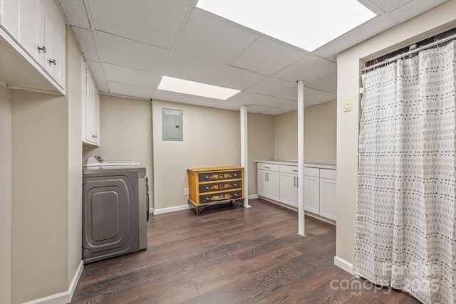 8308 Knights Bridge Rd, Charlotte, NC 28210 - interior space featuring electric panel, dark wood-style flooring, baseboards, cabinet space, and washer / dryer