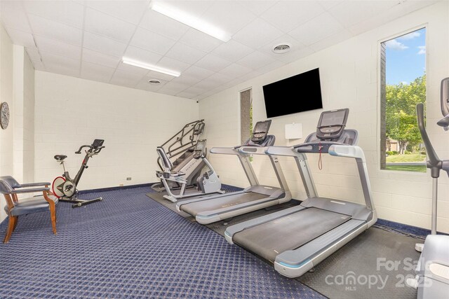 8308 Knights Bridge Rd, Charlotte, NC 28210 - exercise room featuring concrete block wall, a paneled ceiling, and visible vents