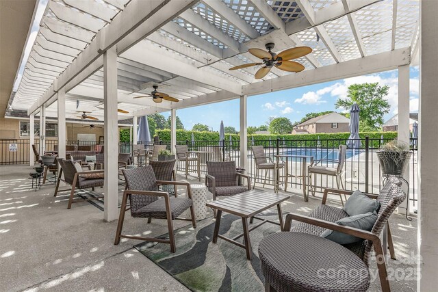 8308 Knights Bridge Rd, Charlotte, NC 28210 - view of patio / terrace with a pergola, fence, and ceiling fan