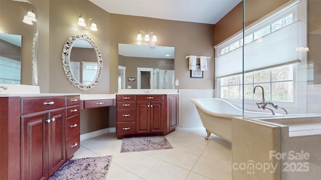 6108 Mcilwaine Rd, Huntersville, NC 28078 - full bath with a shower with shower door, a freestanding tub, tile patterned flooring, and vanity