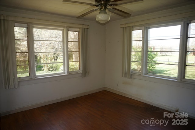 empty room featuring a wealth of natural light, wood finished floors, a ceiling fan, and baseboards