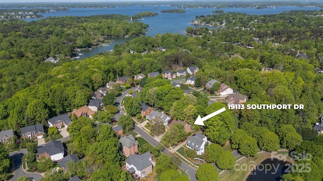 19113 Southport Dr, Cornelius, NC 28031 - birds eye view of property featuring a view of trees, a residential view, and a water view