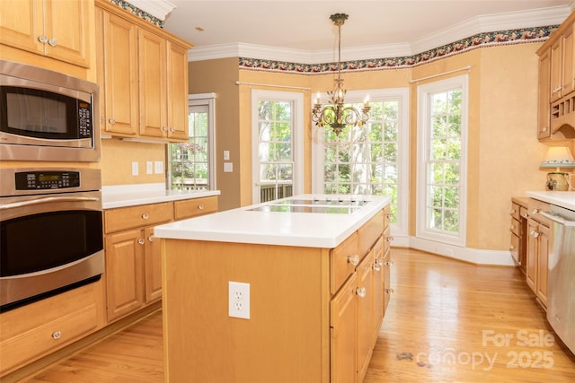 19113 Southport Dr, Cornelius, NC 28031 - kitchen featuring light countertops, light wood-type flooring, an inviting chandelier, and stainless steel appliances