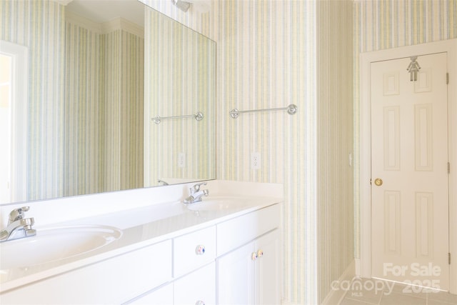 19113 Southport Dr, Cornelius, NC 28031 - bathroom with wallpapered walls, double vanity, and a sink