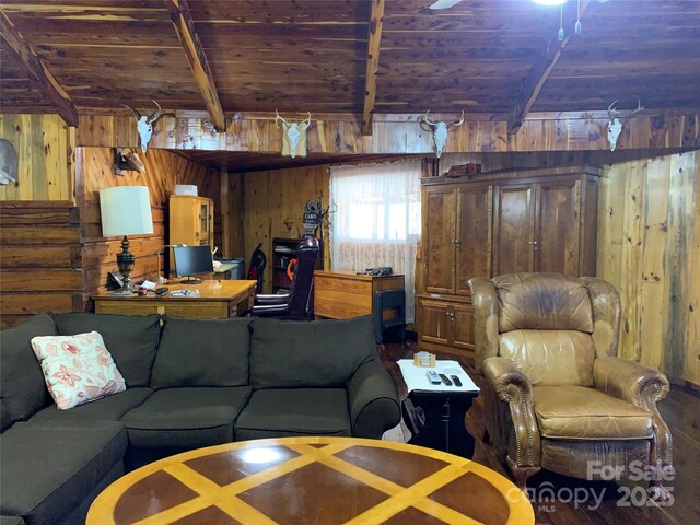living room featuring wooden ceiling, wood walls, and beam ceiling