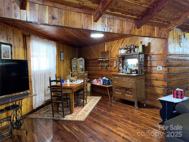 dining area featuring hardwood / wood-style flooring, beamed ceiling, wood ceiling, and wood walls