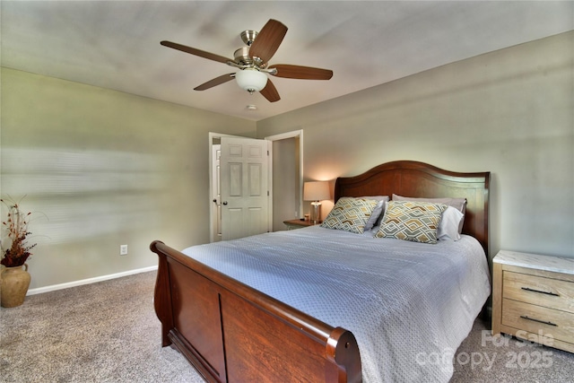 bedroom with ceiling fan, light carpet, and baseboards
