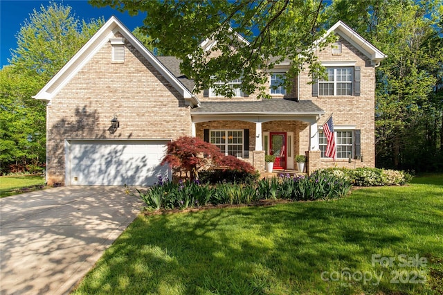 206 Coburn Ct, Fort Mill, SC 29715 - view of front of house featuring brick siding, a garage, concrete driveway, covered porch, and a front lawn