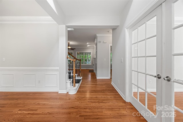 206 Coburn Ct, Fort Mill, SC 29715 - entrance foyer with stairway, crown molding, light wood finished floors, french doors, and a ceiling fan