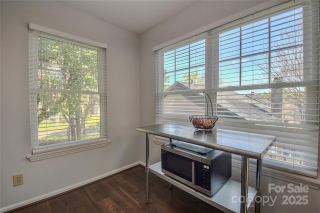 room details with baseboards, wood finished floors, and stainless steel microwave