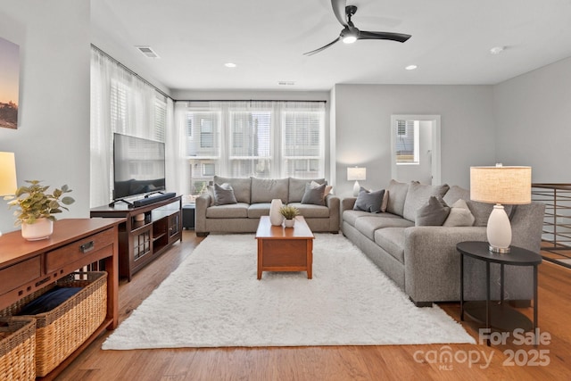 324 Uptown W Dr, Charlotte, NC 28208 - living area with visible vents, ceiling fan, wood finished floors, and recessed lighting